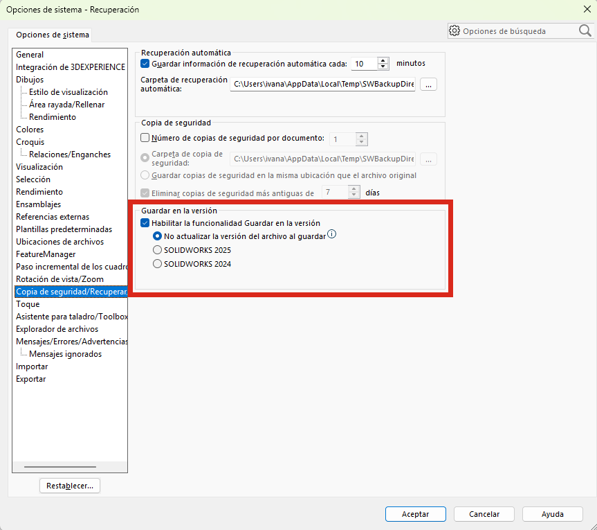 Opción Guardar en la versión de SOLIDWORKS para trabajar con diferentes versiones