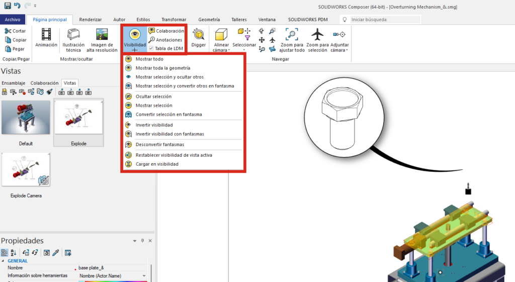 Herramientas de visibilidad en SOLIDWORKS Composer para mostrar, ocultar y destacar componentes