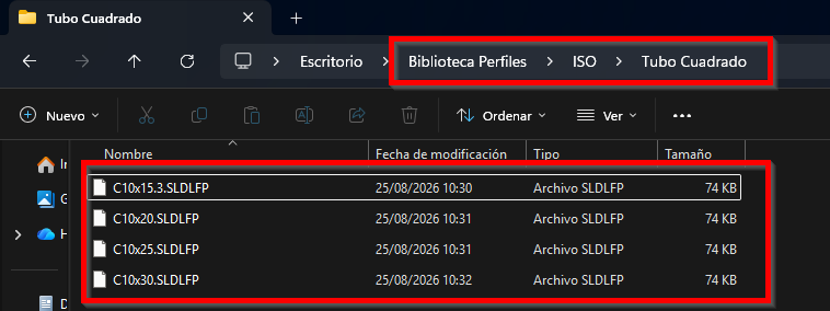 Ejemplo de una biblioteca con un archivo .sldlfp independiente para cada tamaño de perfil.