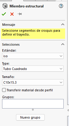 PropertyManager de Miembro Estructural con selección de tamaño de perfil en SOLIDWORKS