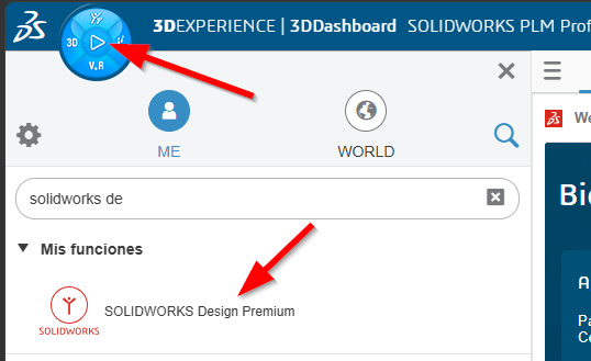 Búsqueda del rol SOLIDWORKS Design desde el 3DCompass de 3DEXPERIENCE