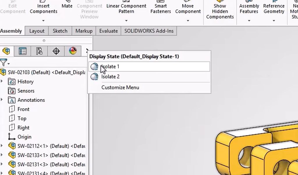 Interfaz que muestra la herramienta Aislar (Isolate) que ha sido optimizada como una de las mejoras de SOLIDWORKS 2026 FD02.
