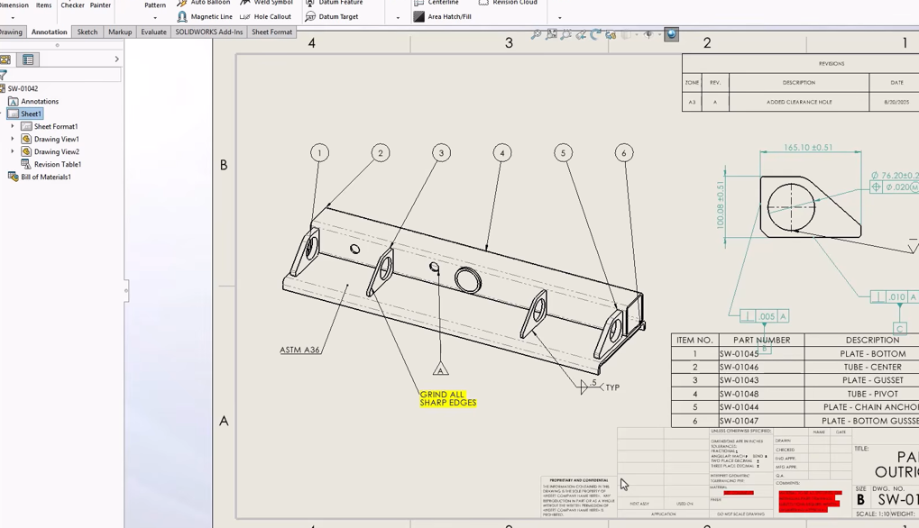 muestra del plano con las notas resaltadas, una de las mejoras en planos de solidworks 2026 fd02